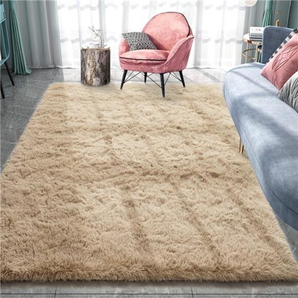 Fluffy Area Rugs, Beige Shag Plush Furry Rugs for Living Room, Bedroom, Fuzzy - Picture 1 of 7